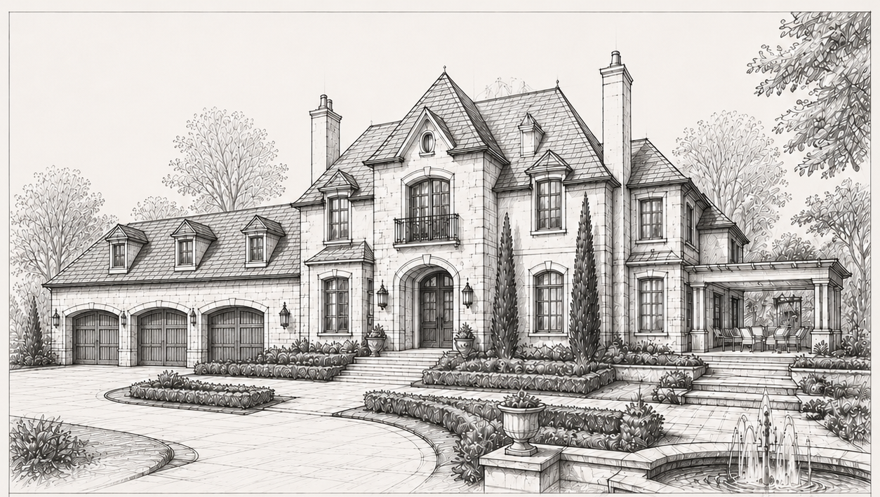 Line drawing of a custom home exterior